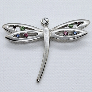 Silver Tone Dragonfly Brooch with Colored Rhinestones